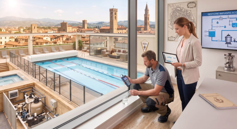 Tecnico che effettua un controllo dei parametri dell'acqua con strumento portatile accanto a una piscina panoramica su terrazza, mentre una responsabile consulta un tablet con dati di gestione dell'impianto