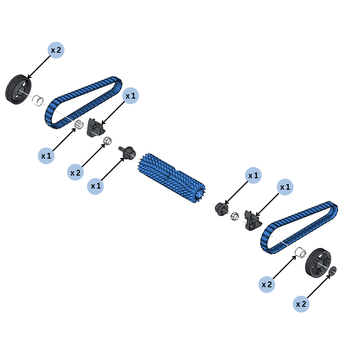 vista dell'esploso in tutte le sue parti per il kit trasmissione spazzola attiva anteriore ricambio per robot piscina S200, S300, E30, SX 30 e Z1B Dolphin