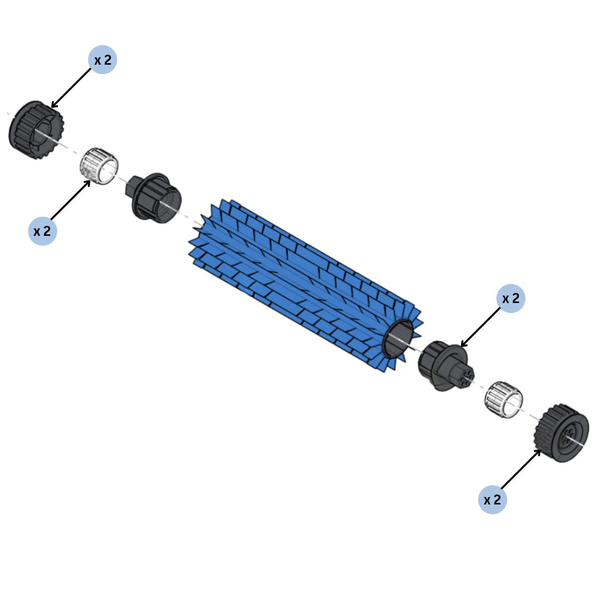 Vista dell'esploso dettagliato del kit trasmissione spazzola pvc posteriore ricambio per robot piscina S200, S300, E30, SX 30 e Z1B Dolphin